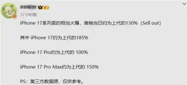 iPhone 17系列首销引爆市场：标准版销量狂飙185%，全系销量同比大增三成